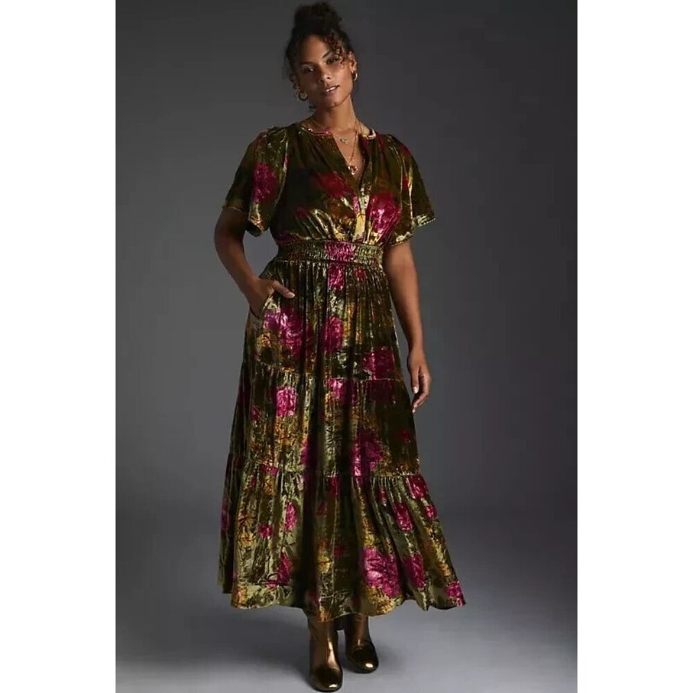 NWT by Anthropologie The Somerset Maxi in Green Floral Velvet Edition Dress M